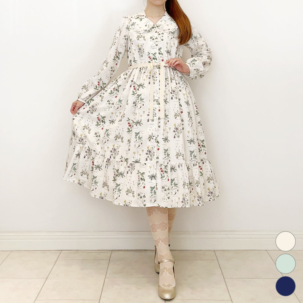 植物図鑑フロントボタン長袖ワンピース-Melody BasKet