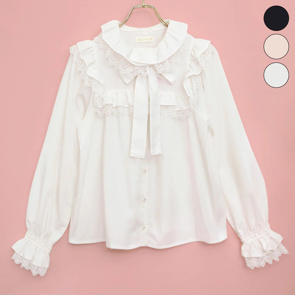 Yoke switching frill and lace blouse