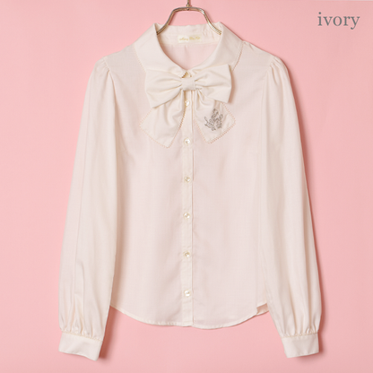 Logo embroidery ribbon tie blouse