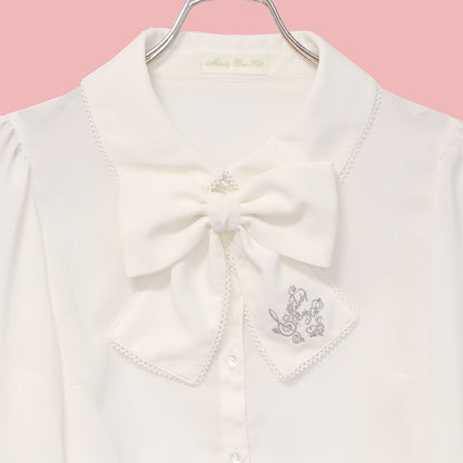 Logo embroidery ribbon tie blouse