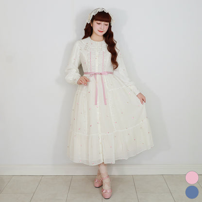 Petit rose embroidery front button dress