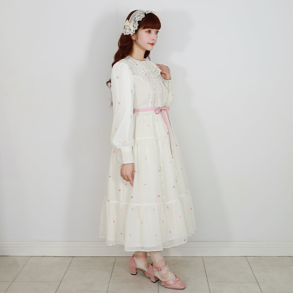 Petit rose embroidery front button dress
