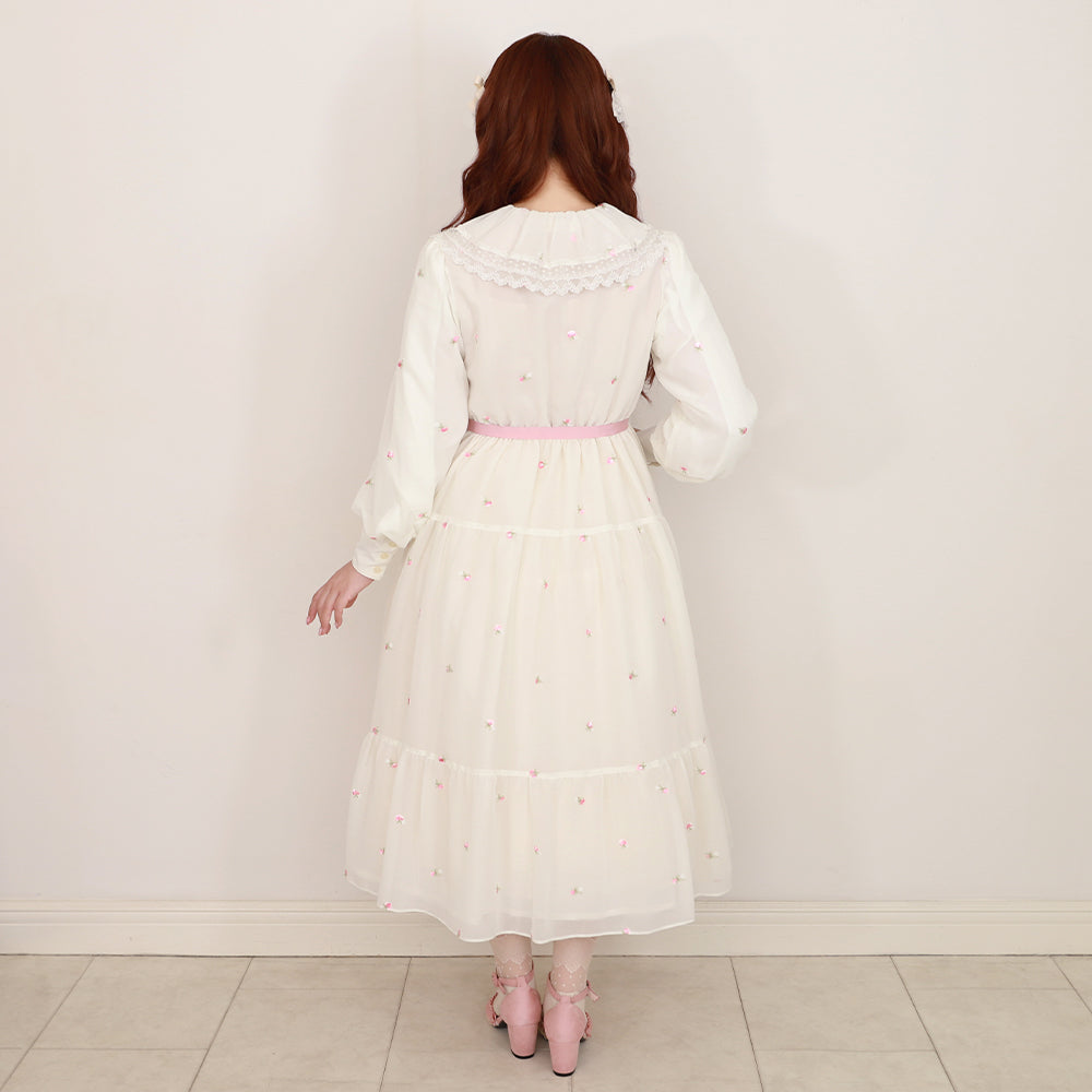 Petit rose embroidery front button dress