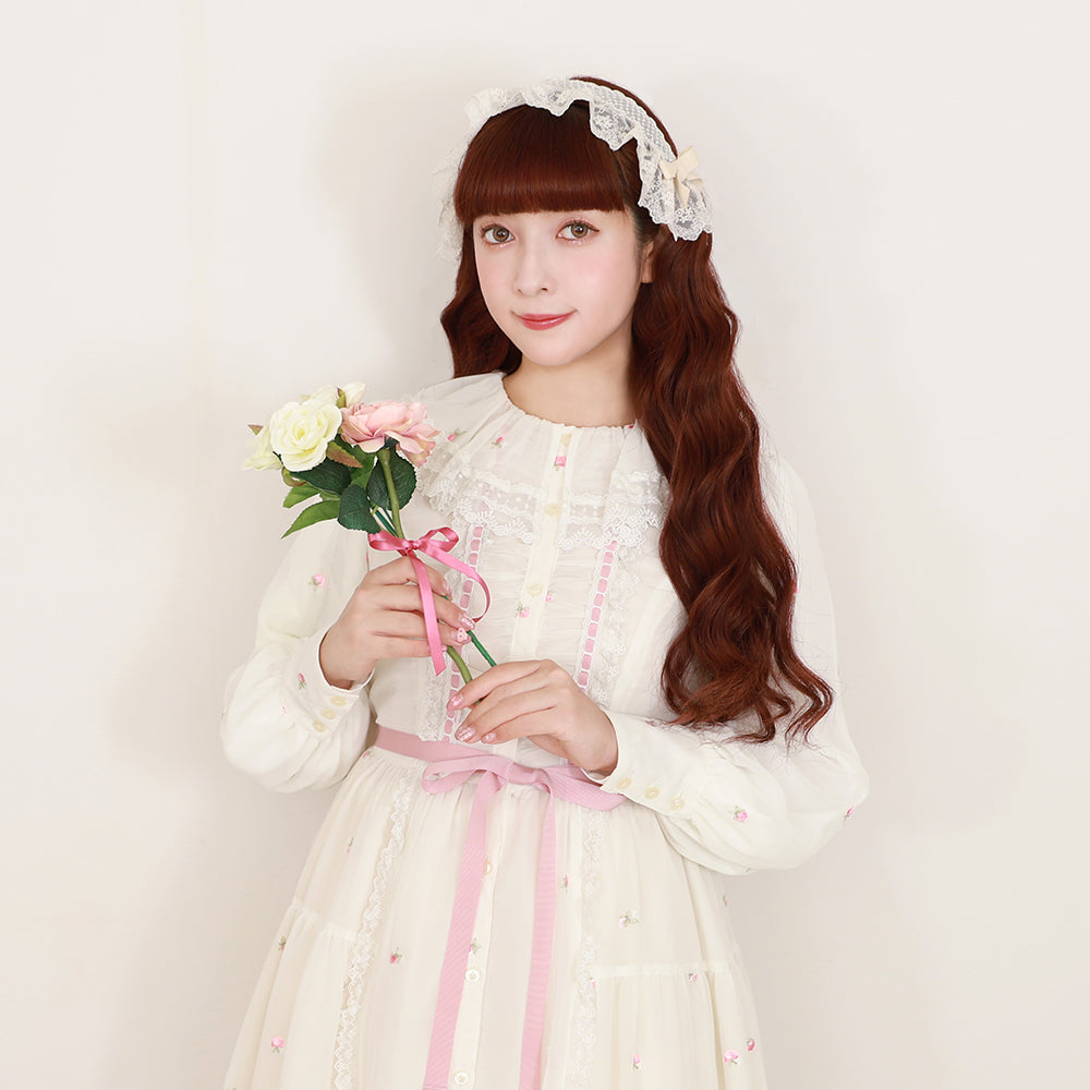 Petit rose embroidery front button dress