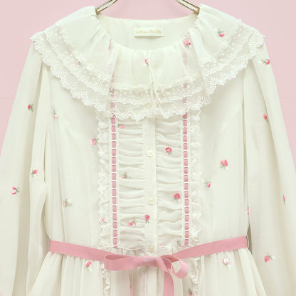 Petit rose embroidery front button dress