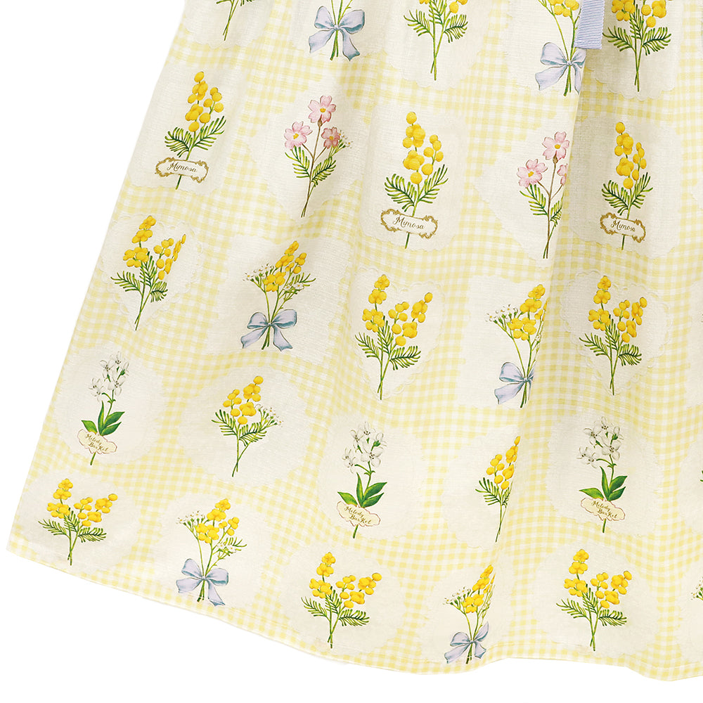 ミモザとギンガムチェックの切替ワンピース