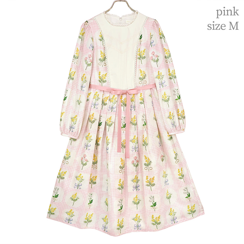 ミモザとギンガムチェックの切替ワンピース