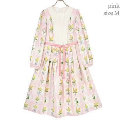 ミモザとギンガムチェックの切替ワンピース