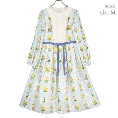 ミモザとギンガムチェックの切替ワンピース