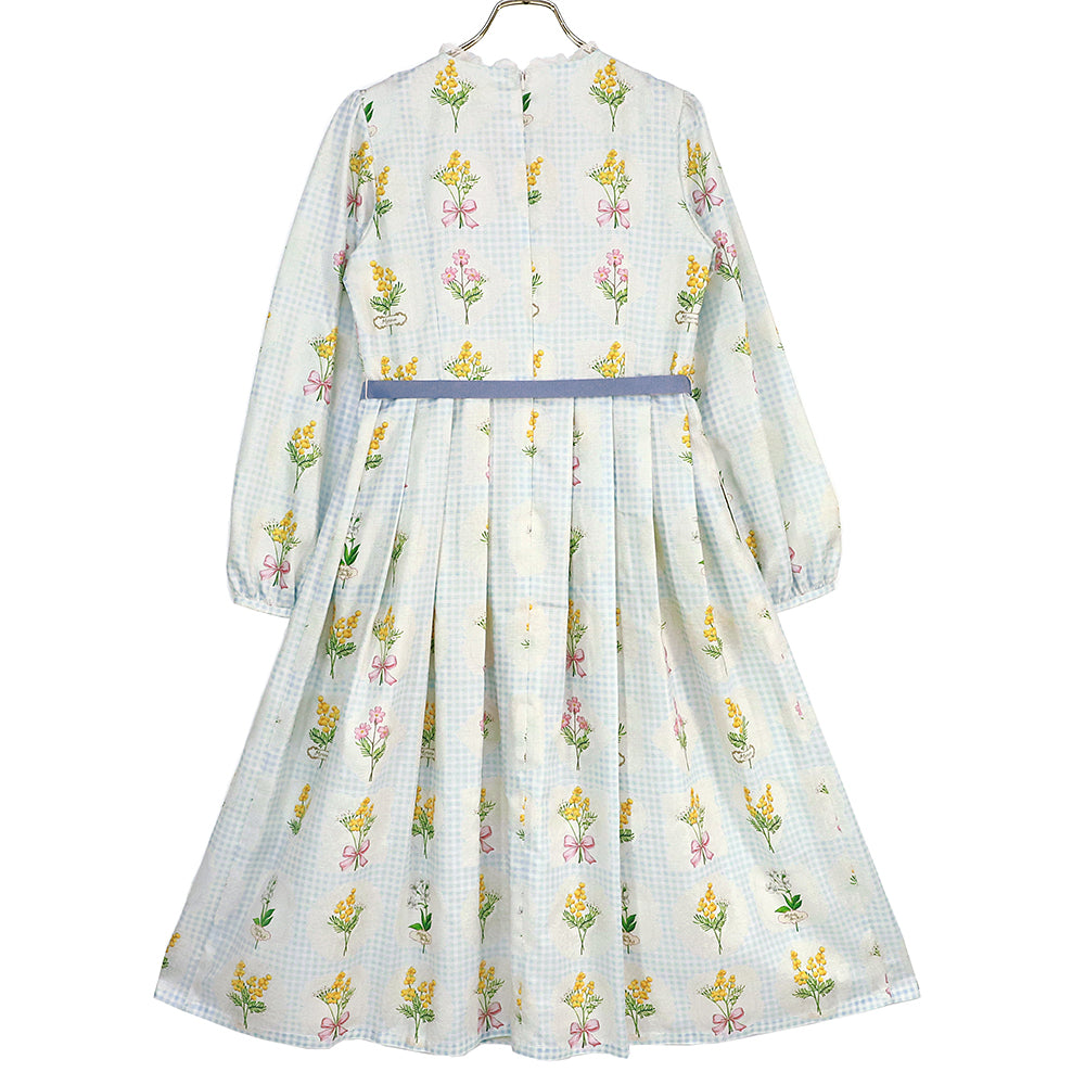 ミモザとギンガムチェックの切替ワンピース