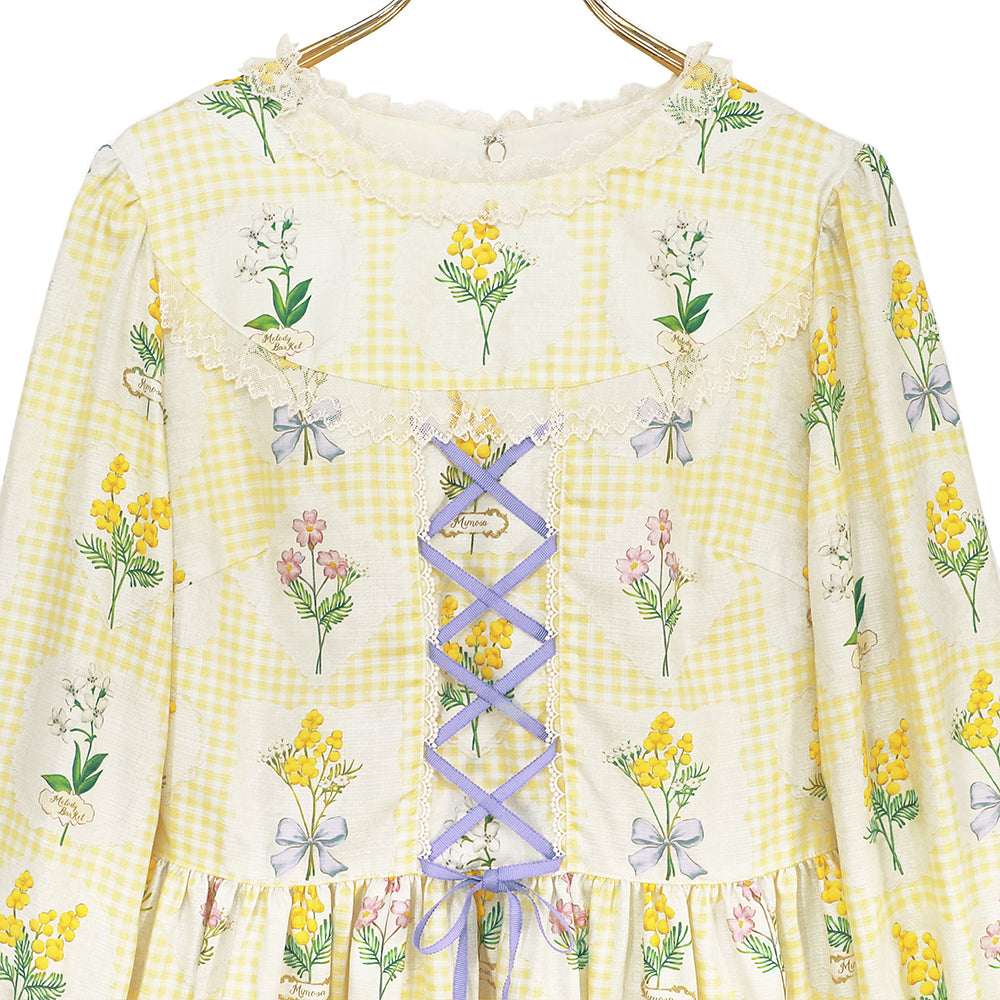 Mimosa and gingham check lace-up dress