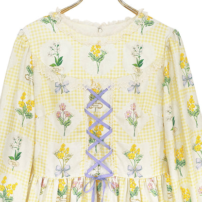 Mimosa and gingham check lace-up dress