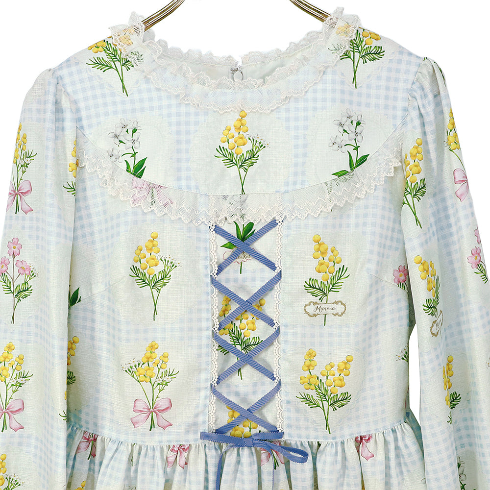 Mimosa and gingham check lace-up dress
