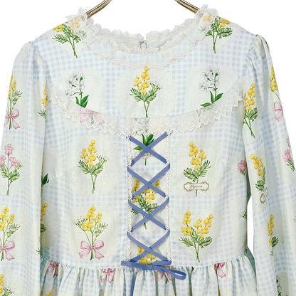 Mimosa and gingham check lace-up dress