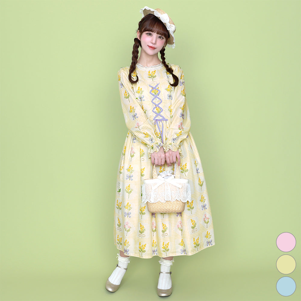 Mimosa and gingham check lace-up dress