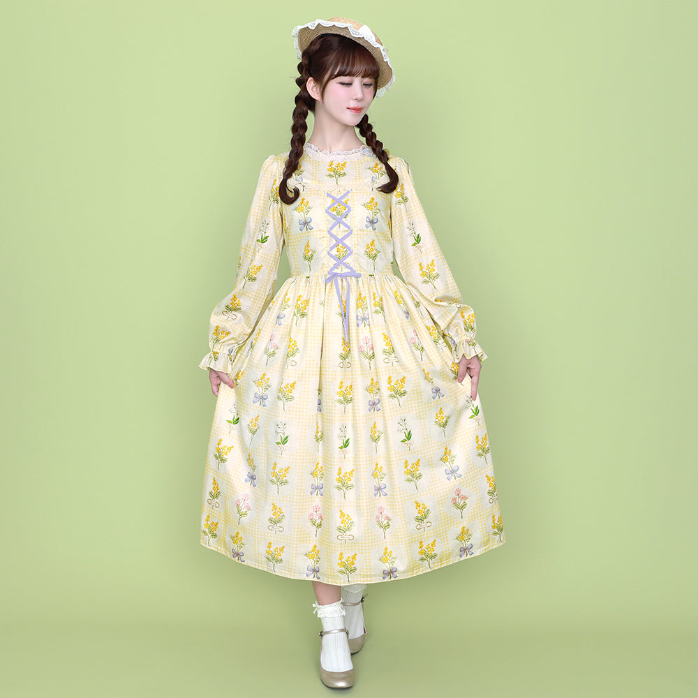 Mimosa and gingham check lace-up dress