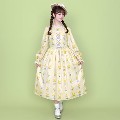 Mimosa and gingham check lace-up dress