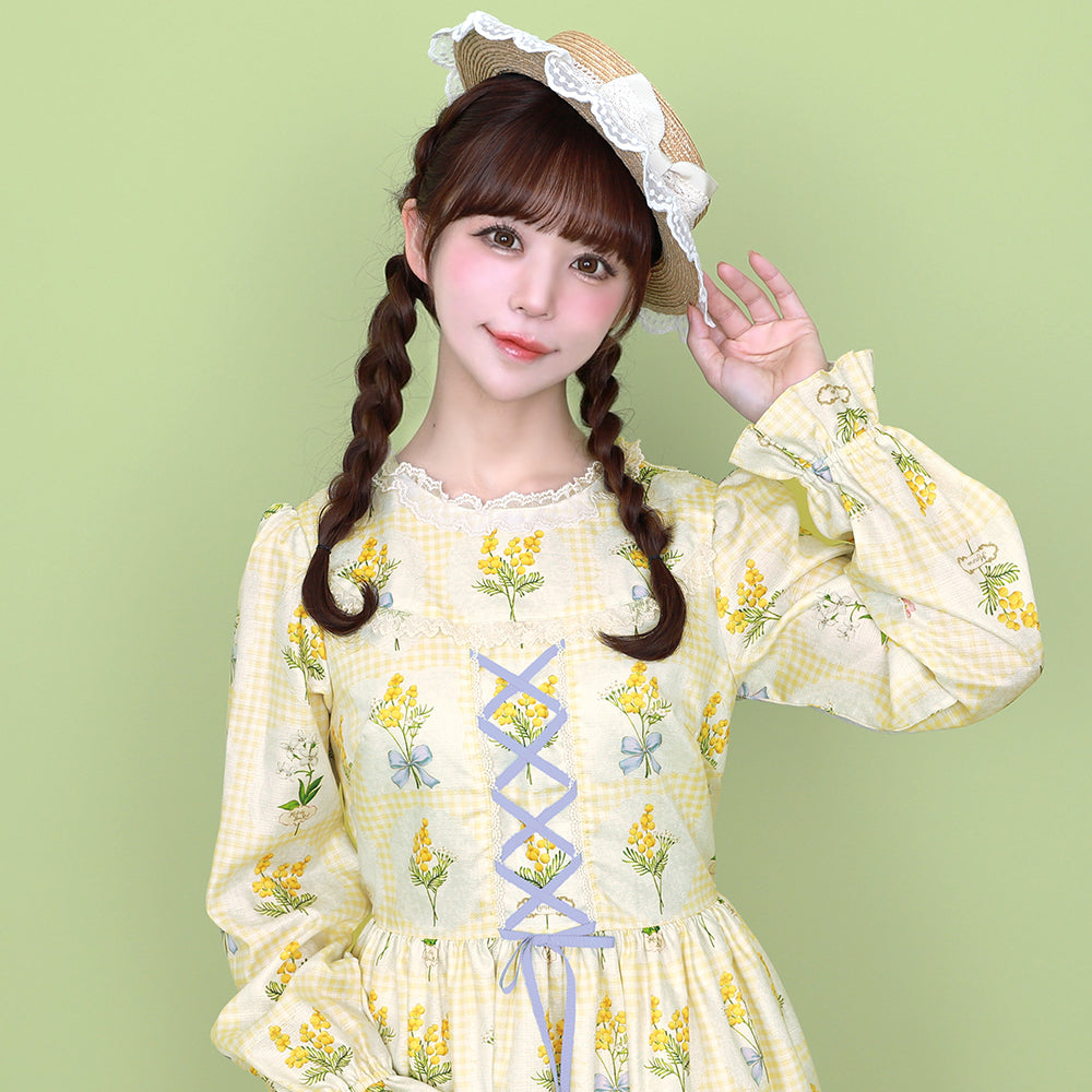 Mimosa and gingham check lace-up dress