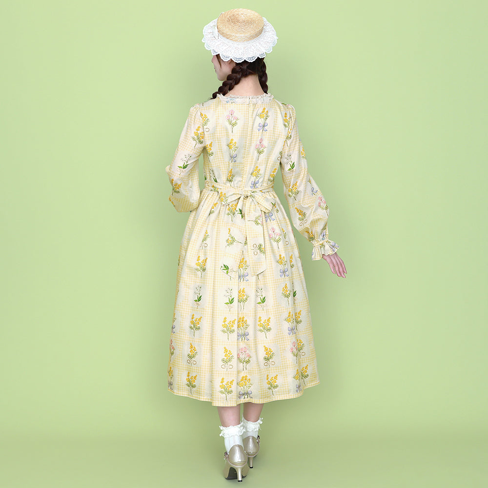 Mimosa and gingham check lace-up dress