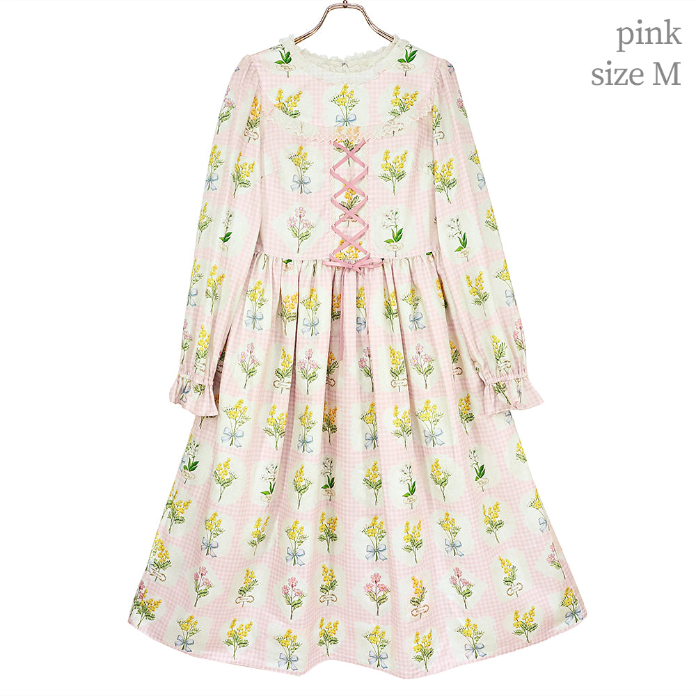 Mimosa and gingham check lace-up dress