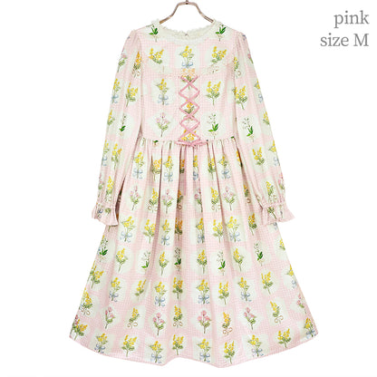 Mimosa and gingham check lace-up dress