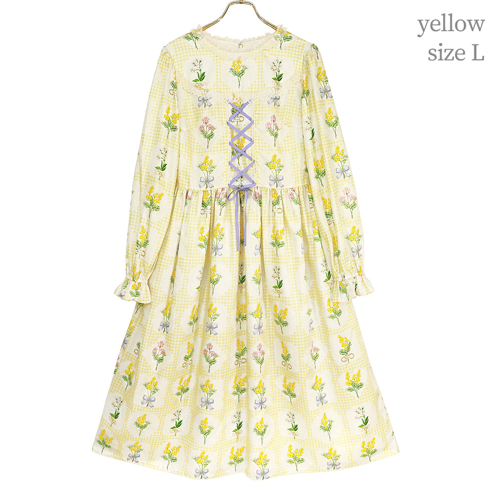 Mimosa and gingham check lace-up dress