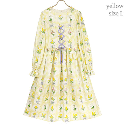 Mimosa and gingham check lace-up dress