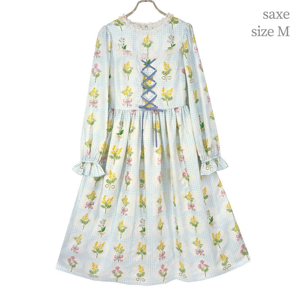 Mimosa and gingham check lace-up dress