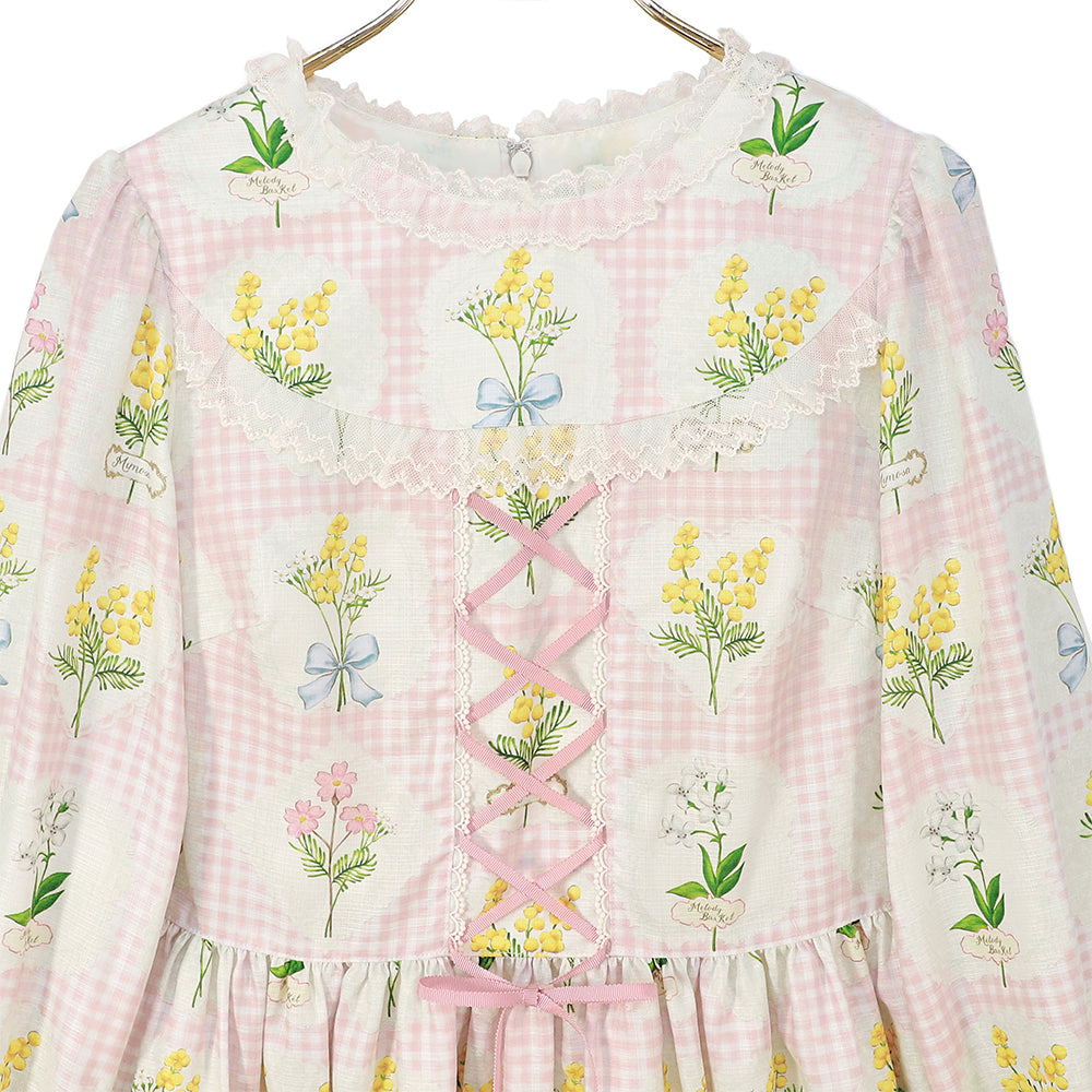 Mimosa and gingham check lace-up dress