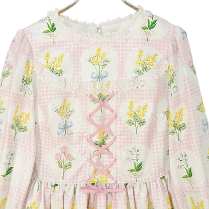 Mimosa and gingham check lace-up dress