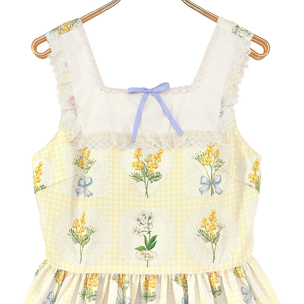 ミモザとギンガムチェックのジャンパースカート