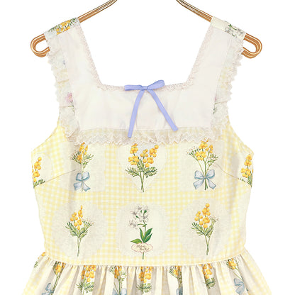 ミモザとギンガムチェックのジャンパースカート