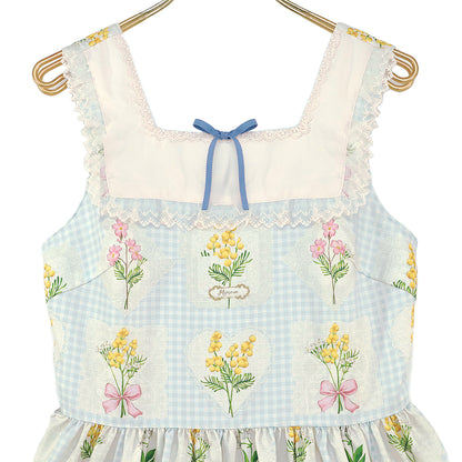 ミモザとギンガムチェックのジャンパースカート