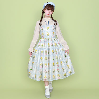 ミモザとギンガムチェックのジャンパースカート