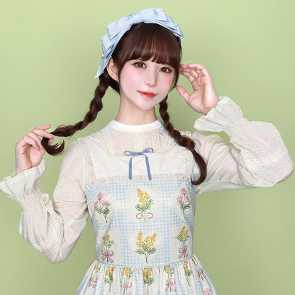 ミモザとギンガムチェックのジャンパースカート