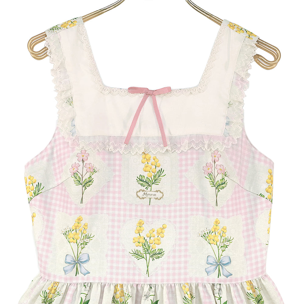 ミモザとギンガムチェックのジャンパースカート