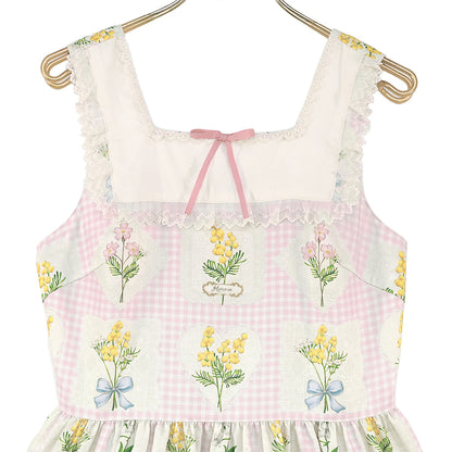 ミモザとギンガムチェックのジャンパースカート