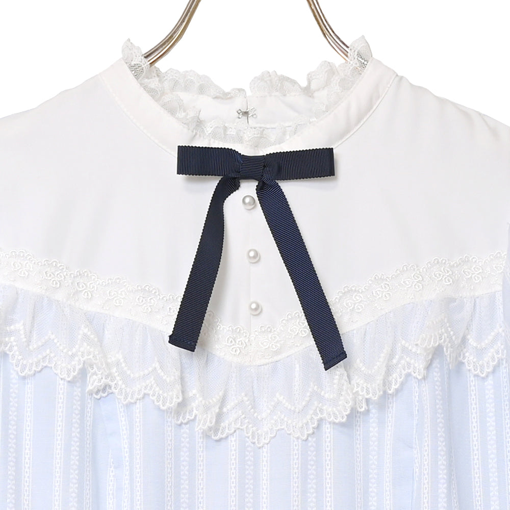 ドビーストライプ スタンドカラーワンピース