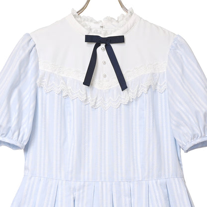 ドビーストライプ スタンドカラーワンピース