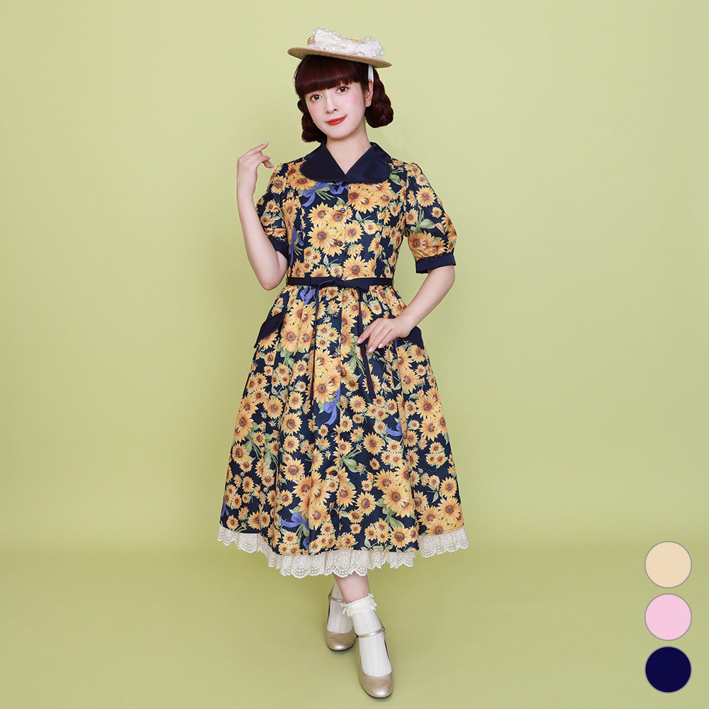 ひまわりブーケのフロントボタンワンピース