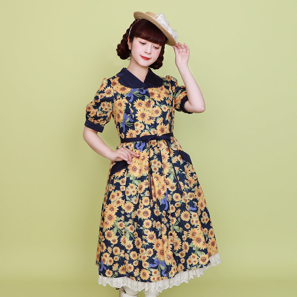ひまわりブーケのフロントボタンワンピース