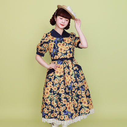 ひまわりブーケのフロントボタンワンピース