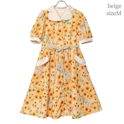 ひまわりブーケのフロントボタンワンピース