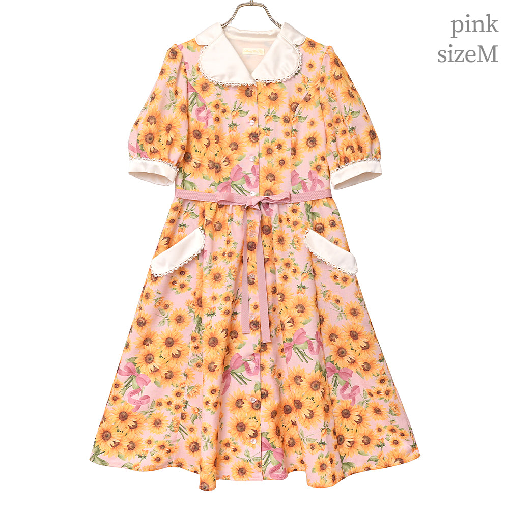 ひまわりブーケのフロントボタンワンピース