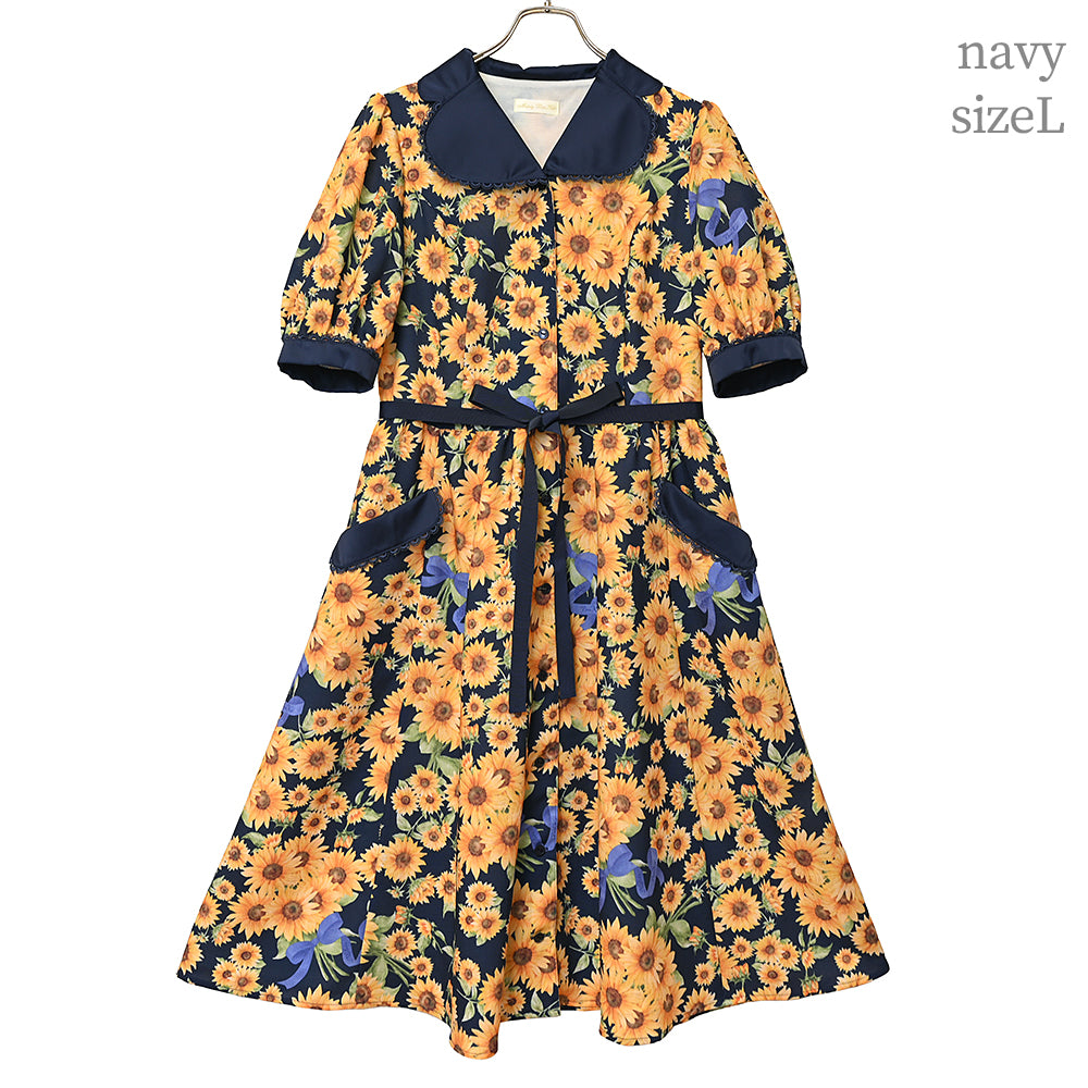 ひまわりブーケのフロントボタンワンピース