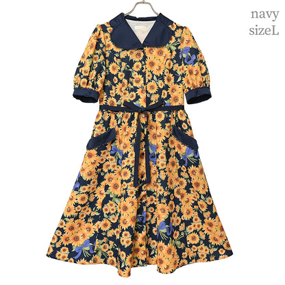 ひまわりブーケのフロントボタンワンピース
