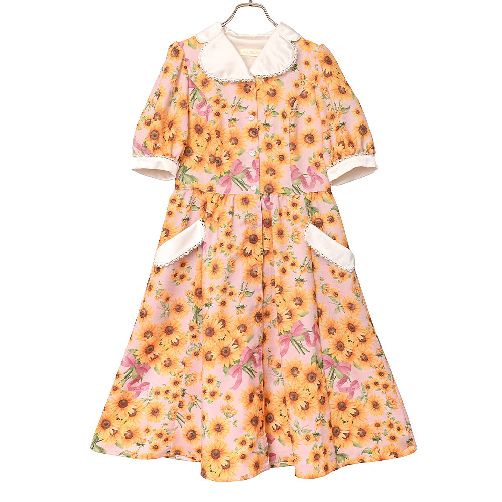 ひまわりブーケのフロントボタンワンピース