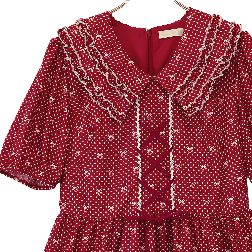 Little dot Ribbonフリル付きカラーワンピース