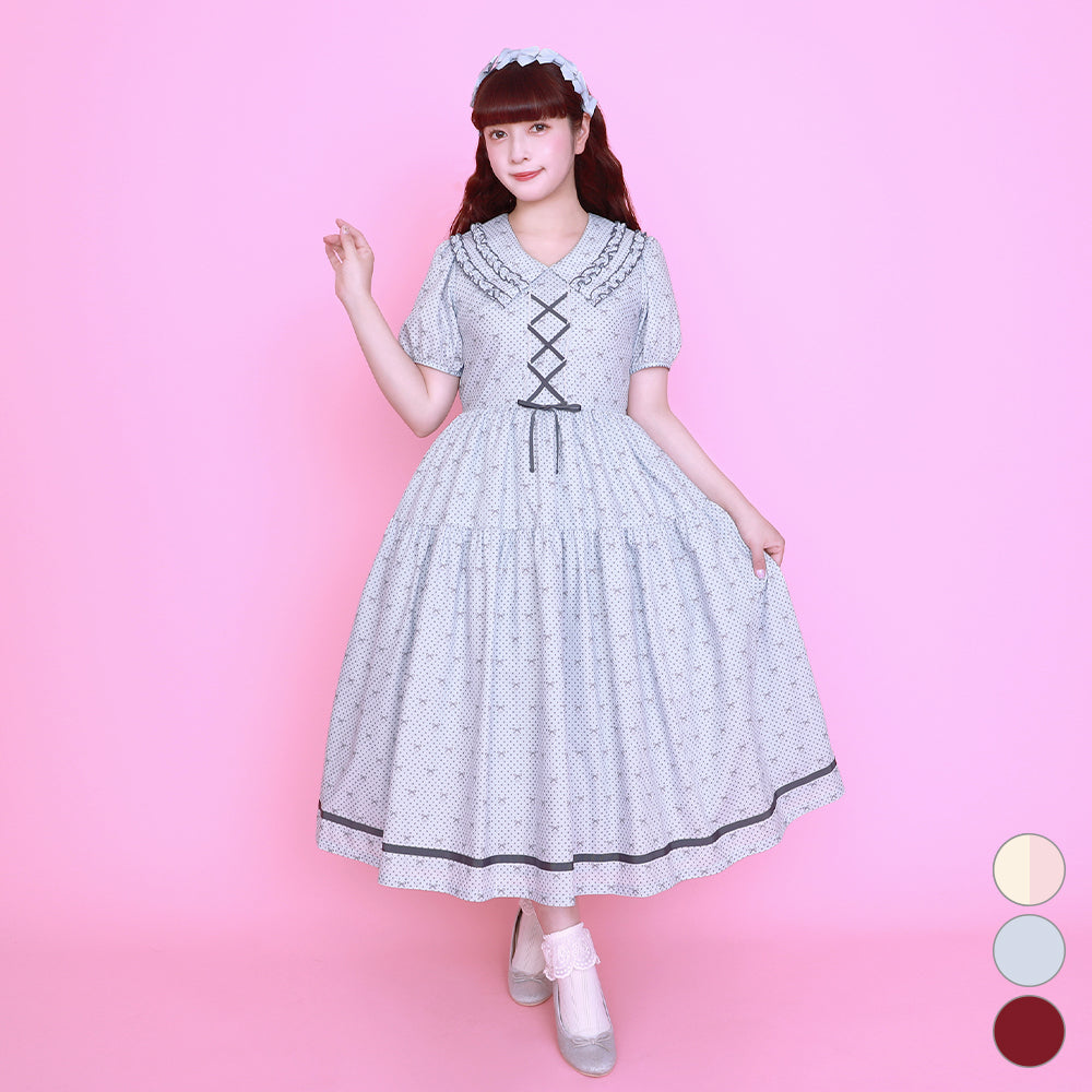 Little dot Ribbonフリル付きカラーワンピース