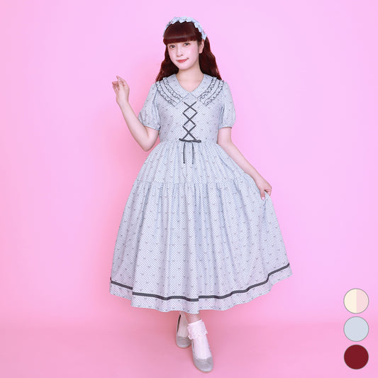 Little dot Ribbonフリル付きカラーワンピース